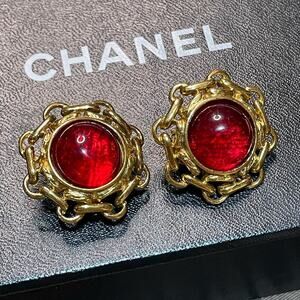 Chanel Clip on Earrings with Red Glass Cabochon. 1 1/4 with COA